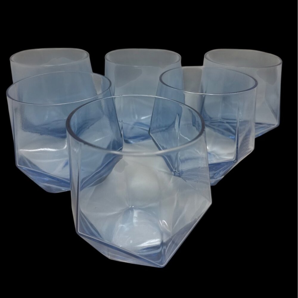 Diamond Style Stemless Wine Glass Blue Tinted Glassware - Set of 6
